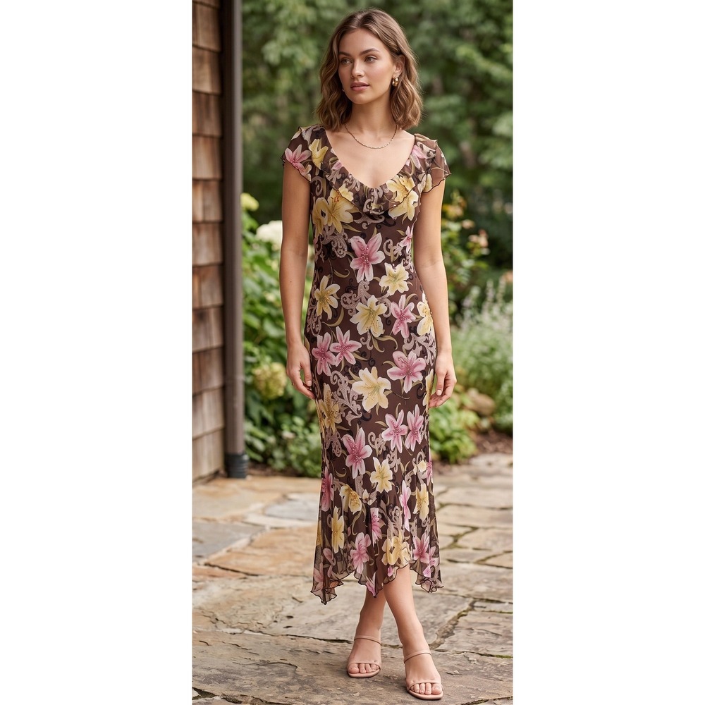 Floral Beaded Midi Dress 10 Y2K 100% Silk Assymetrical Fairycore Whimsigoth Vtg